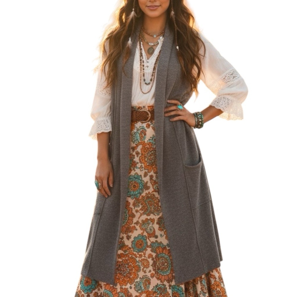 Nanette Lepore Gray 100% Extra Fine Merino Wool Open Front Long Vest Large